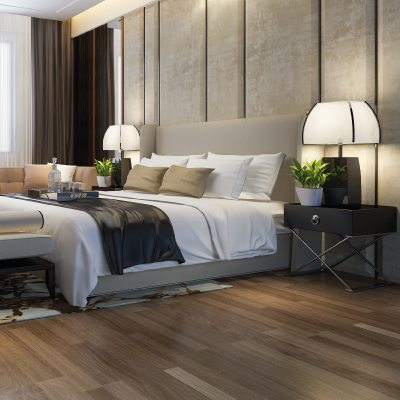 contemporary bedroom with hardwood flooring